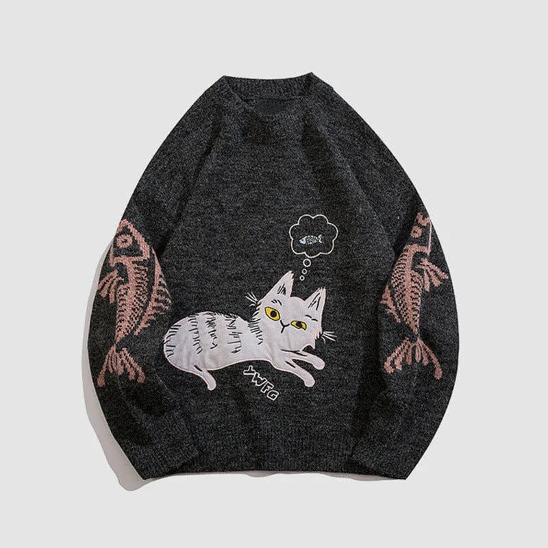 Cartoon Cat Couple Round Neck Long Sleeve Knitwear Sweater