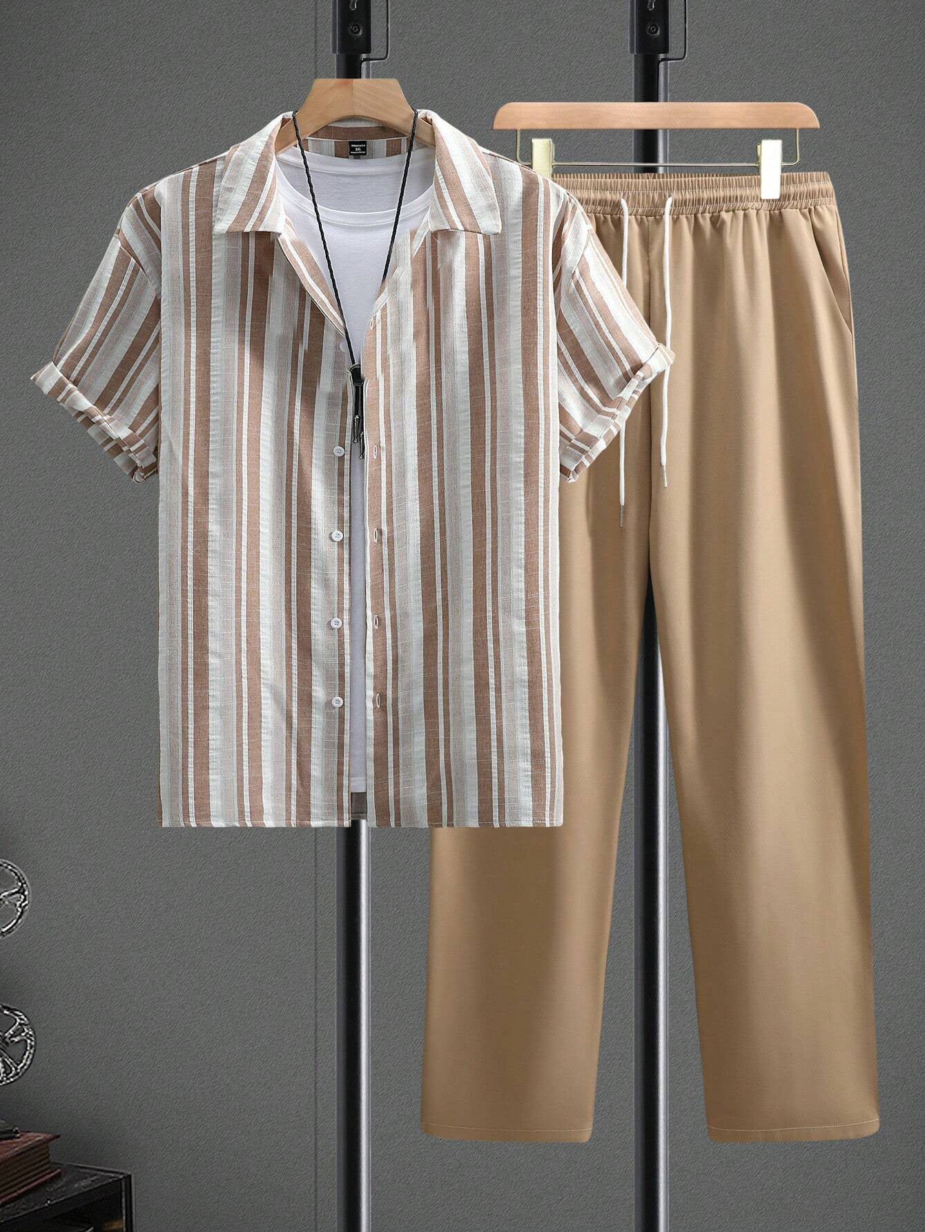 Casual Striped Short Sleeve Shirt Trousers Suit