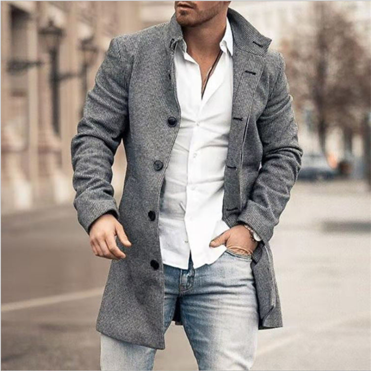 Fall Winter Men Woolen Stand Collar Mid-length trench coat