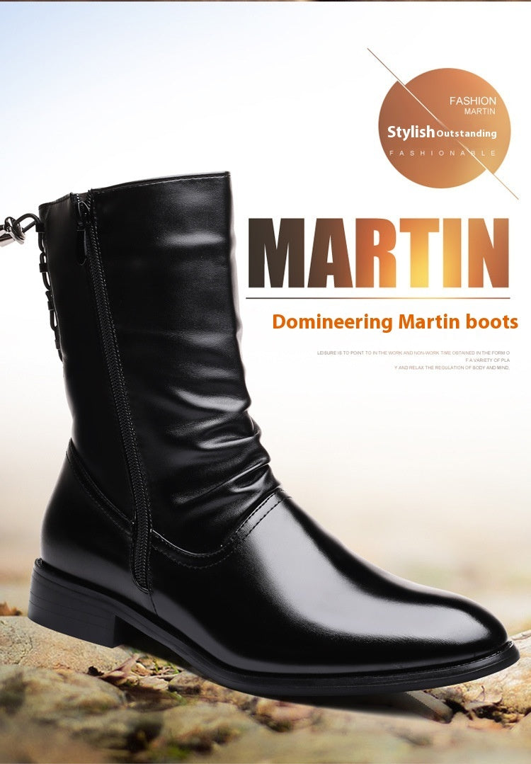 Pointed Leather Boots Men's British Korean High-top Leather Mid-calf Length boots