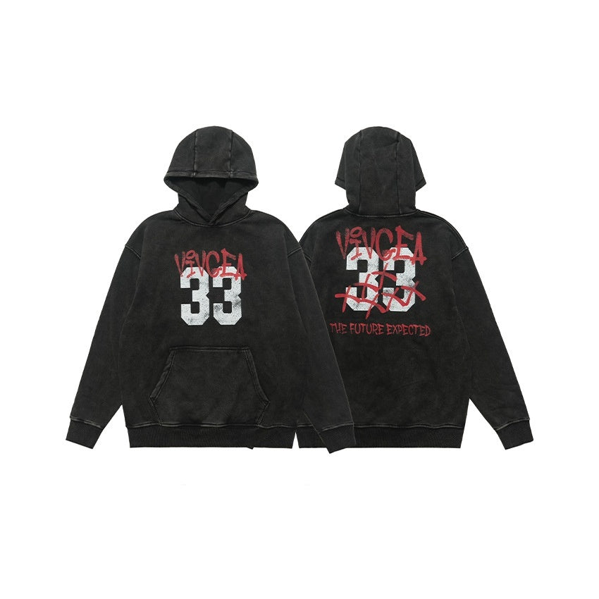 Retro Digital Printing Washed Old Hooded Fleece Lined Sweater Men