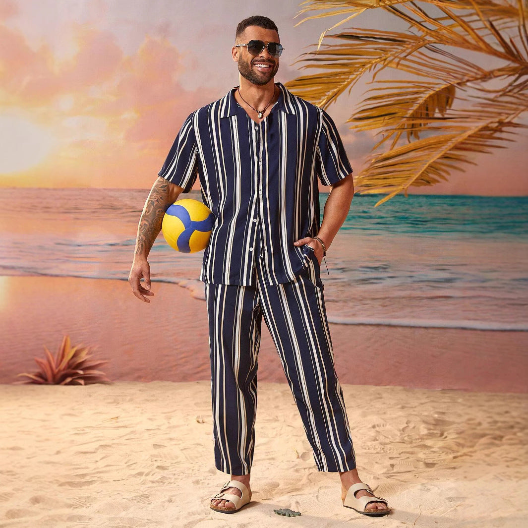 Casual Striped Short Sleeve Shirt Trousers Suit