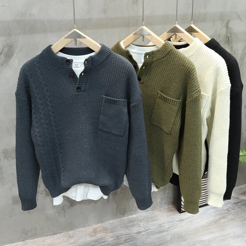 Retro Pullover Men Loose Pockets All-match Casual Sweater