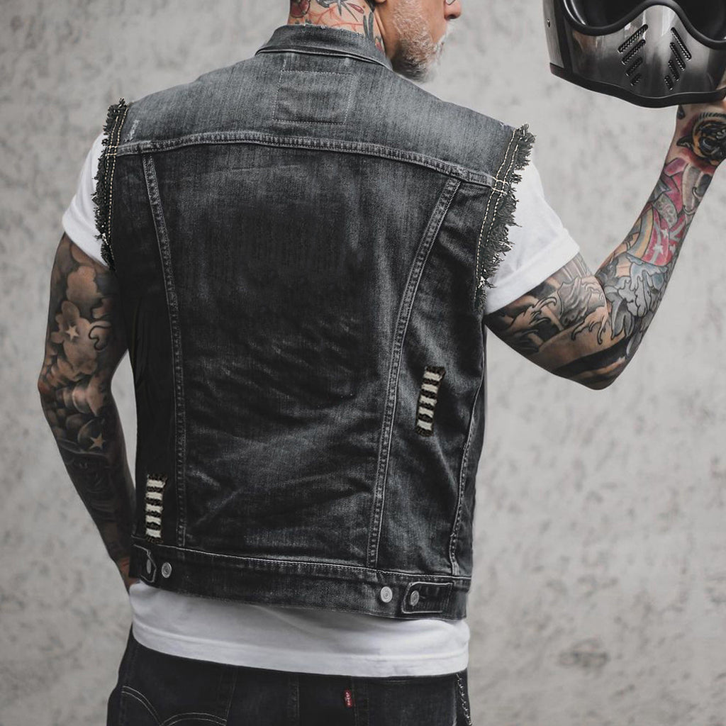 Men's Denim Sleeveless Turn-down Collar Coat