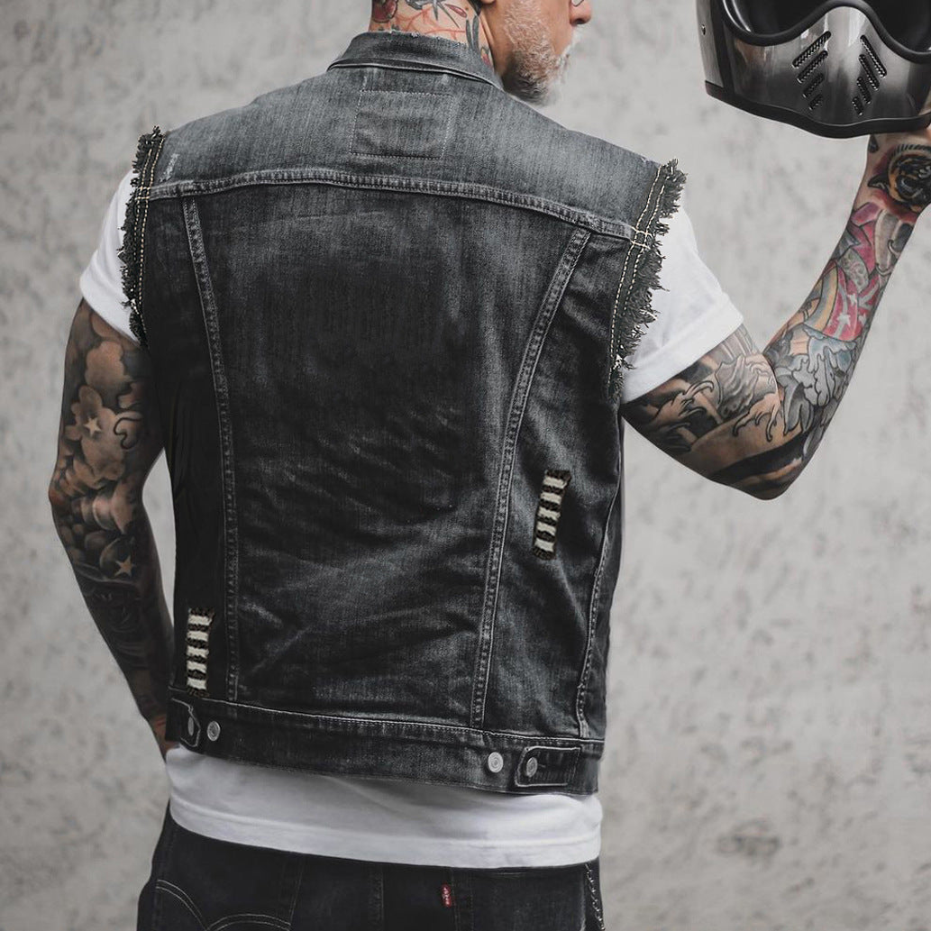 Men's Denim Sleeveless Turn-down Collar Coat