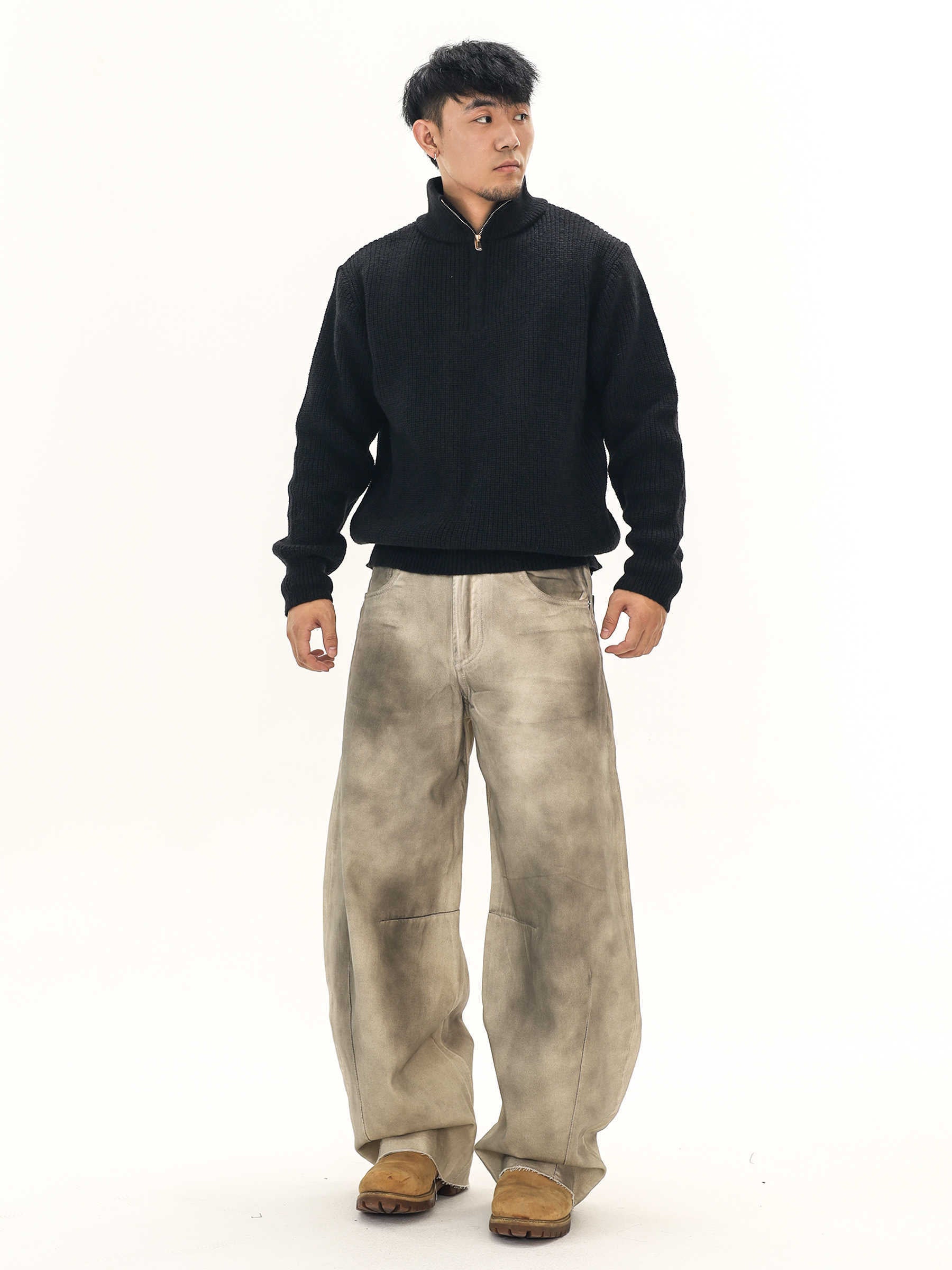 Thick Needle Wool Yarn American Retro Half Zipper Turtleneck Sweater