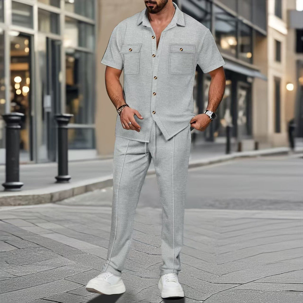 Buttons Pocket Short Sleeve shirt and Trousers Two-piece Set