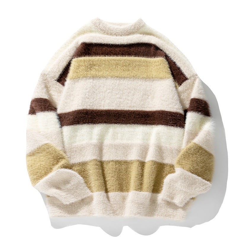 Artificial Mink Fur Contrast Color Striped Round Neck Sweater