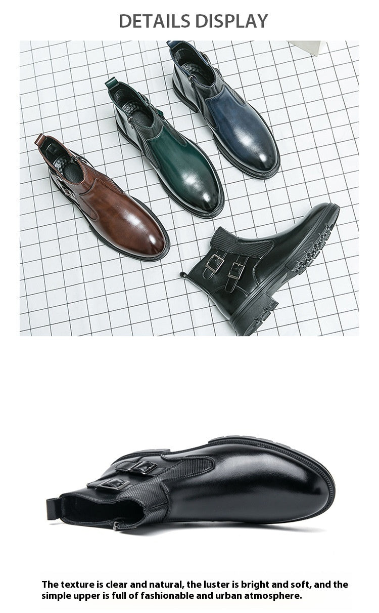 High-top British Double Buckle Slip-on Leather Boots