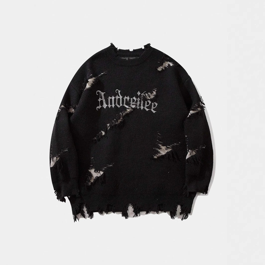 Street Jacquard Ripped Frayed Vintage Loose Sweater