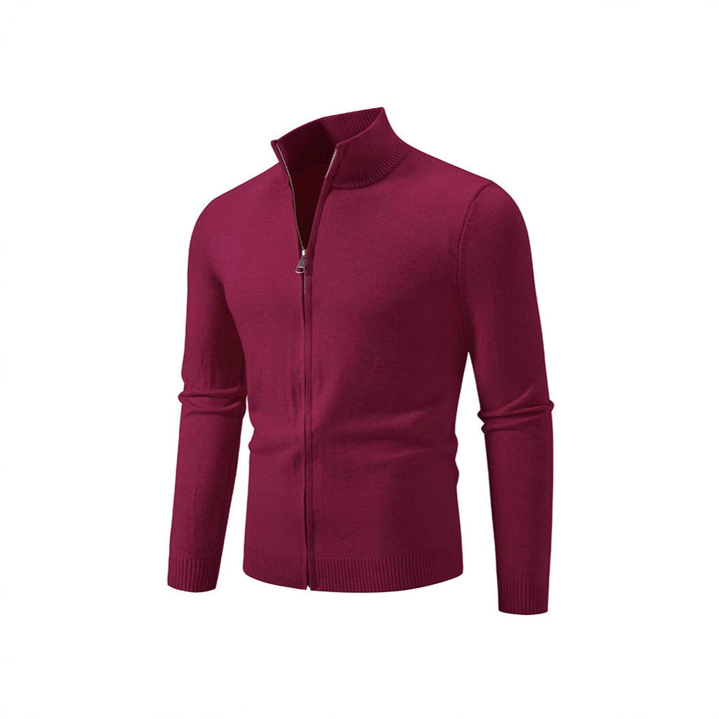 Stand Collar Simple Zipper Solid Color Cardigan Sweater