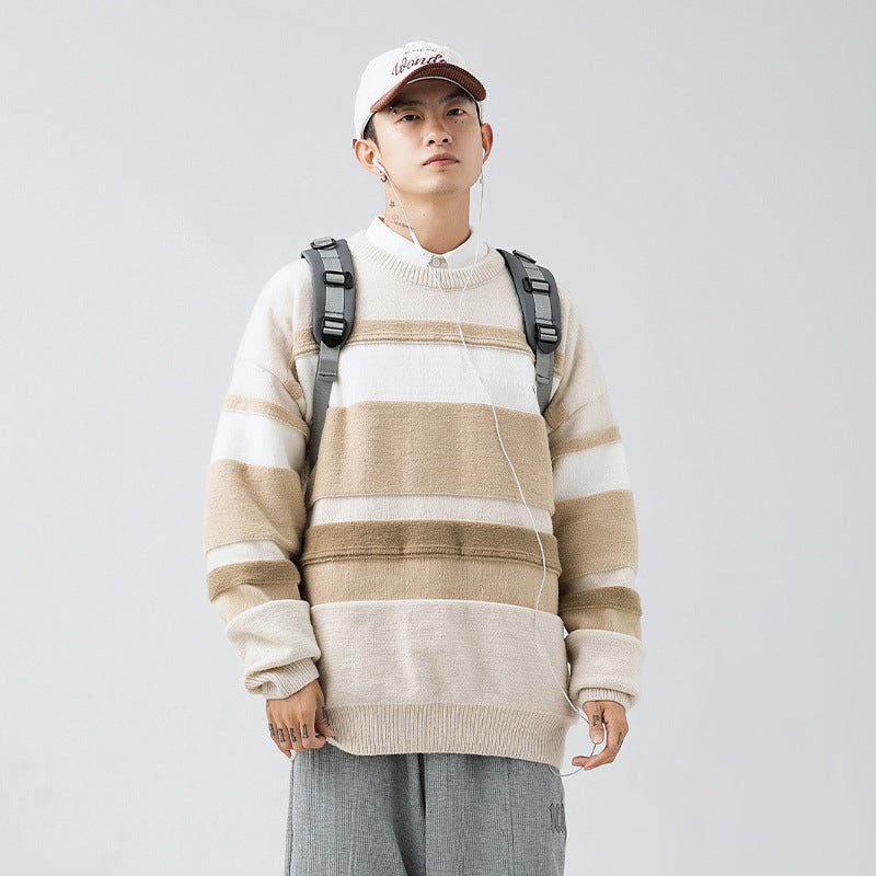 Japanese Style Men's Vintage Stripe Round Neck Sweater