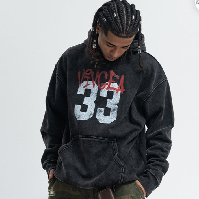 Retro Digital Printing Washed Old Hooded Fleece Lined Sweater Men