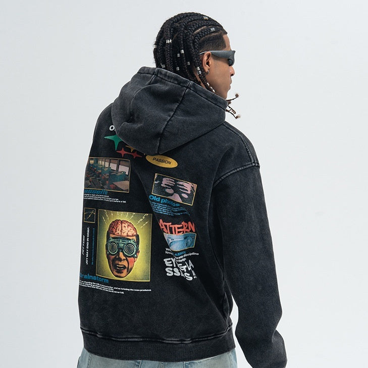 Retro Washed Heavy Large Print Composite Fleece-lined Couple Sweater