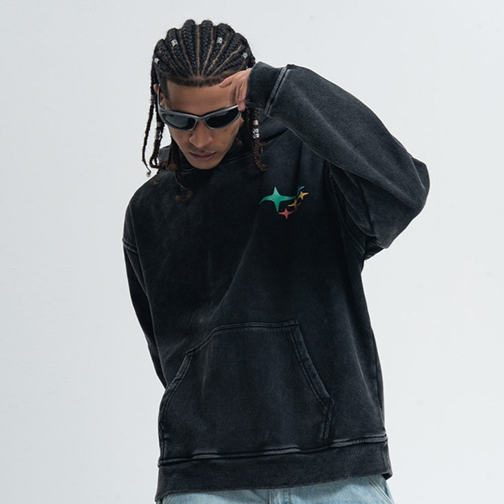 Retro Washed Heavy Large Print Composite Fleece-lined Couple Sweater