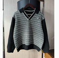 Stitching Contrast Color V-neck Houndstooth Sweater