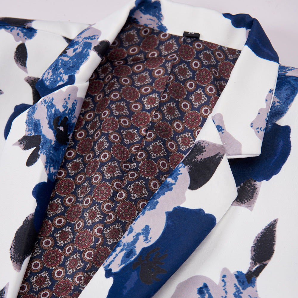 Printed Men's Suit Set Blue Flower Performing Costumes