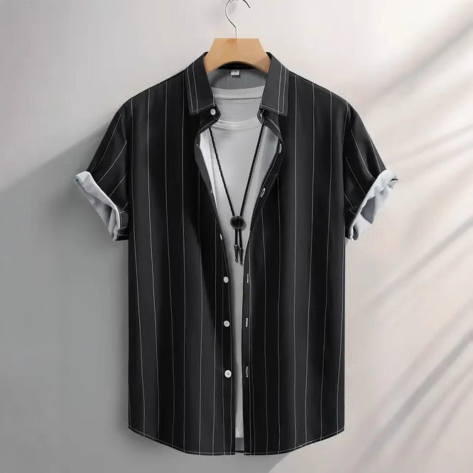 Men's Stripes Short Sleeve Stand Collar Shirt