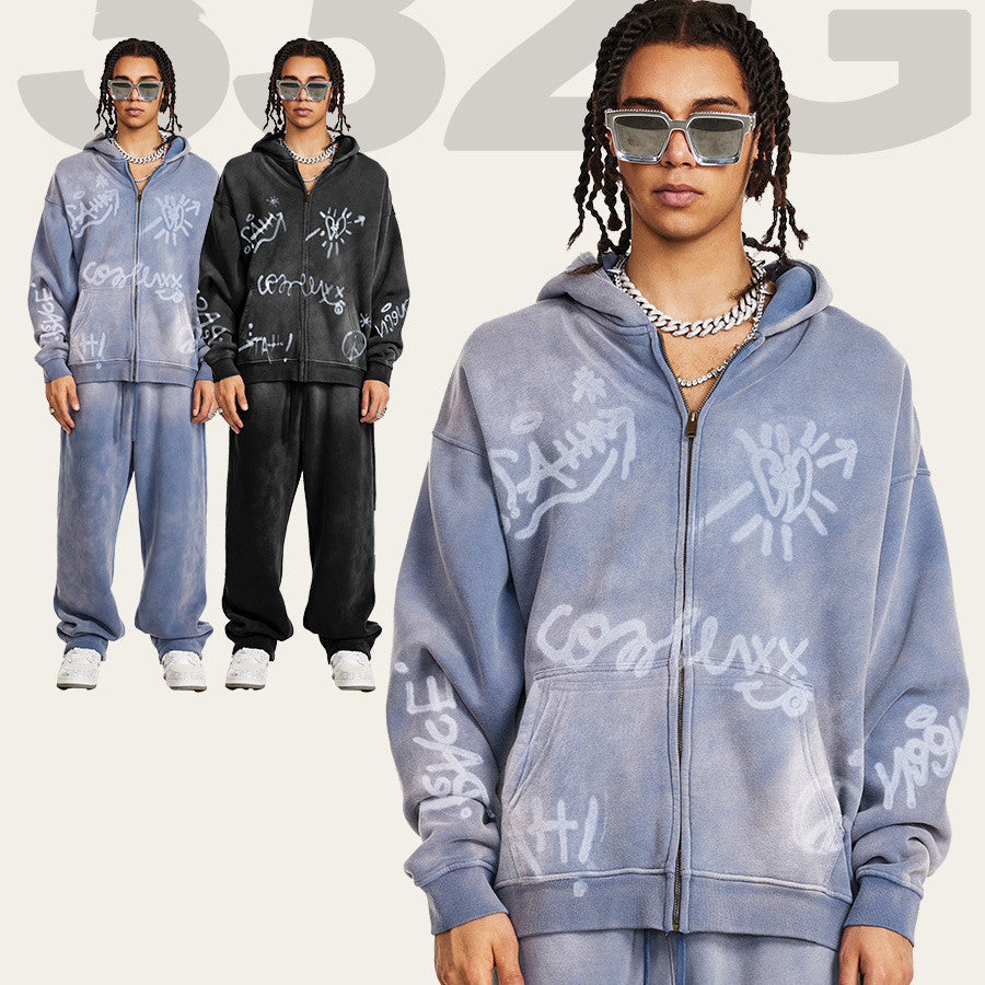 Retro High-grade Graffiti Long-sleeved Knitted Cardigan hooded sweater