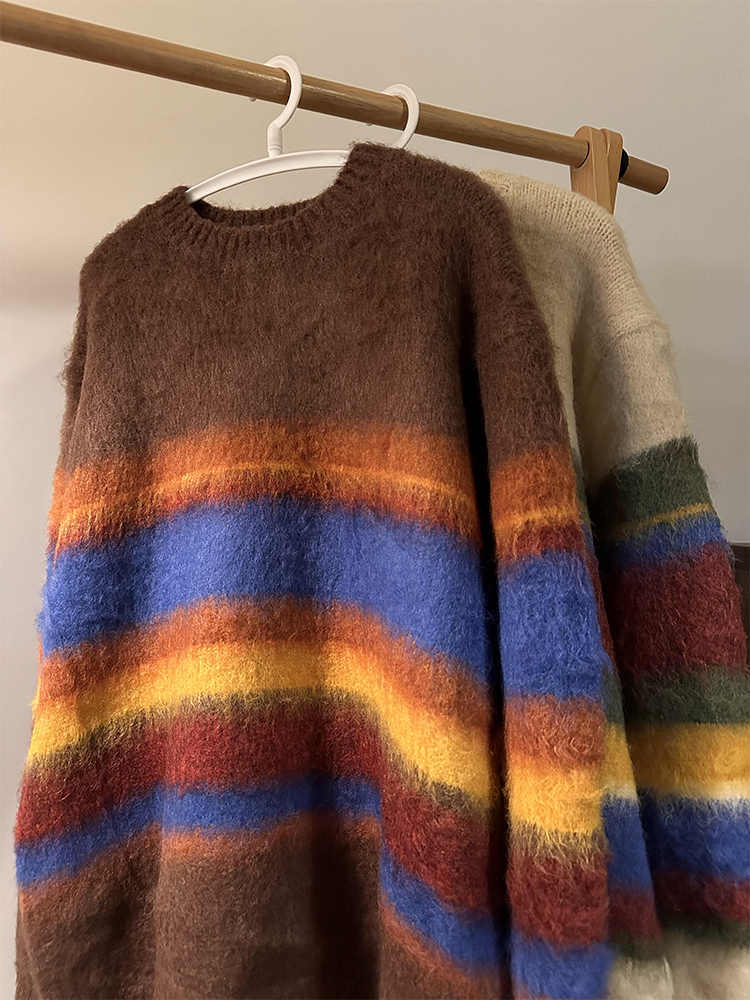 Retro Loose Striped Contrast Color Design Round Neck Sweater