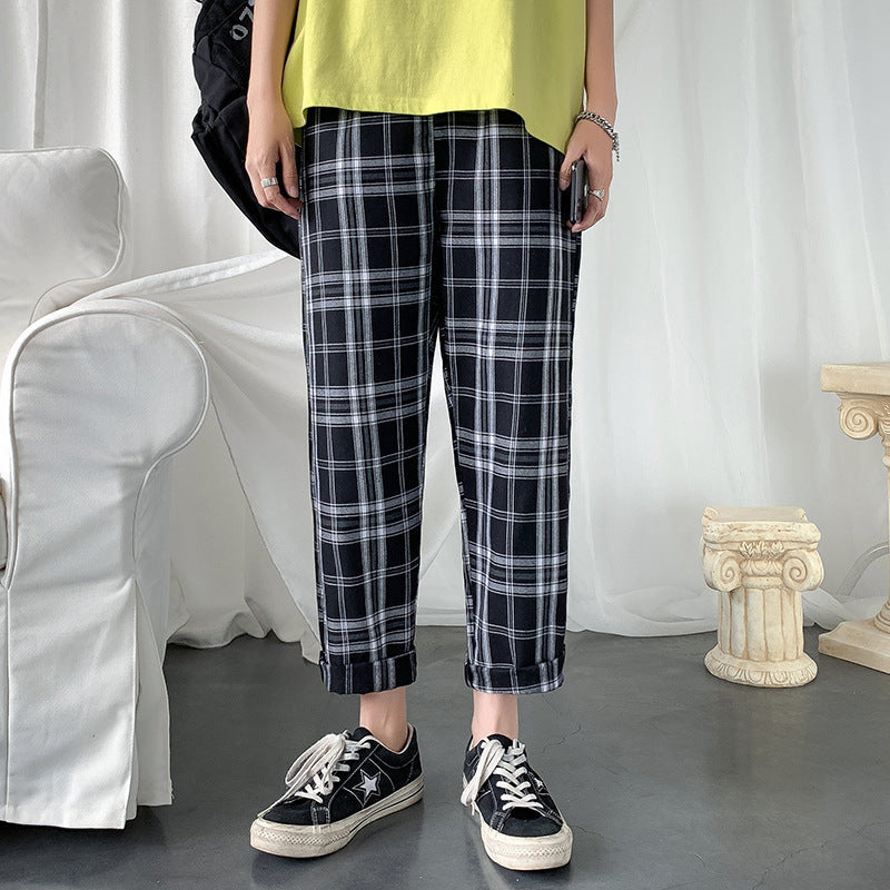 Men's Summer Loose Plaid Leisure Cargo Straight-leg Ankle-length Pants