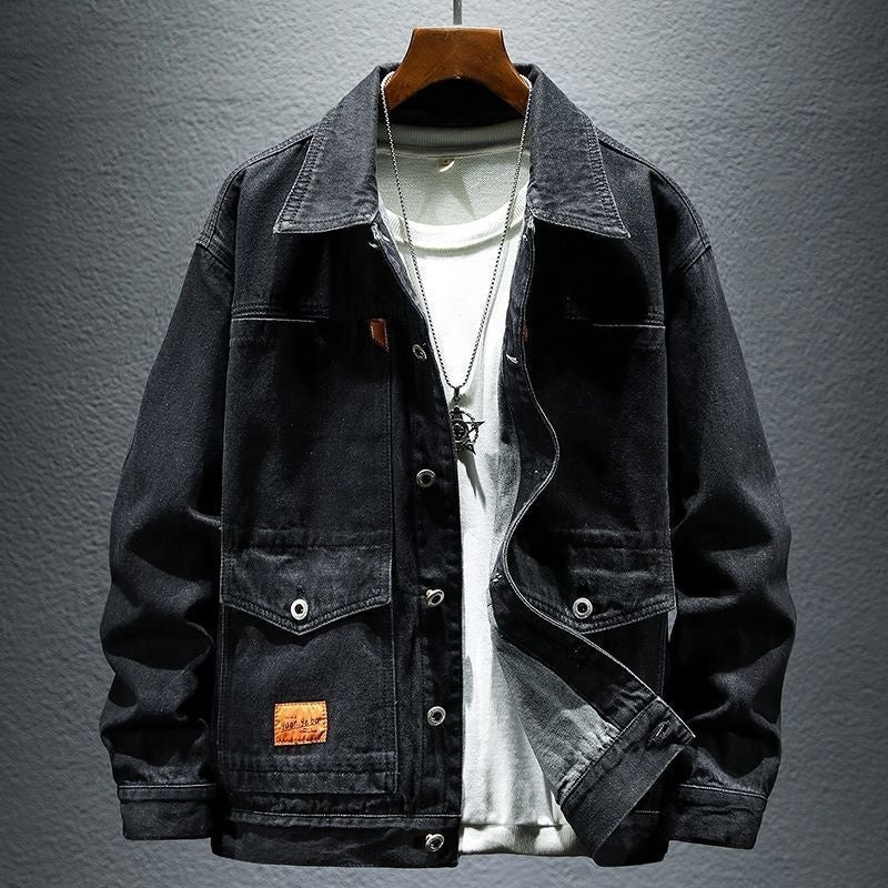 High-grade Black And Gray Denim Coat