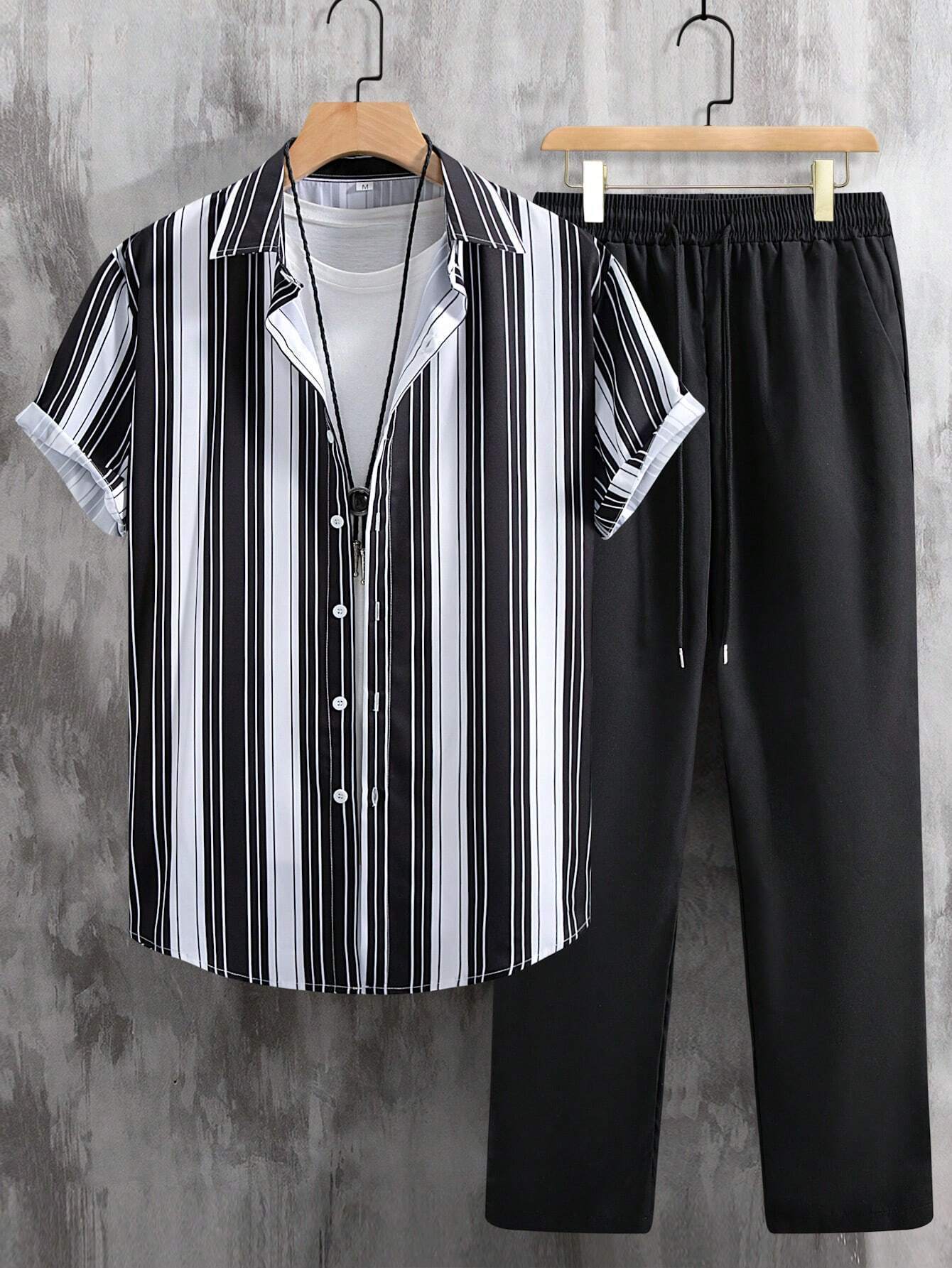 Casual Striped Short Sleeve Shirt Trousers Suit