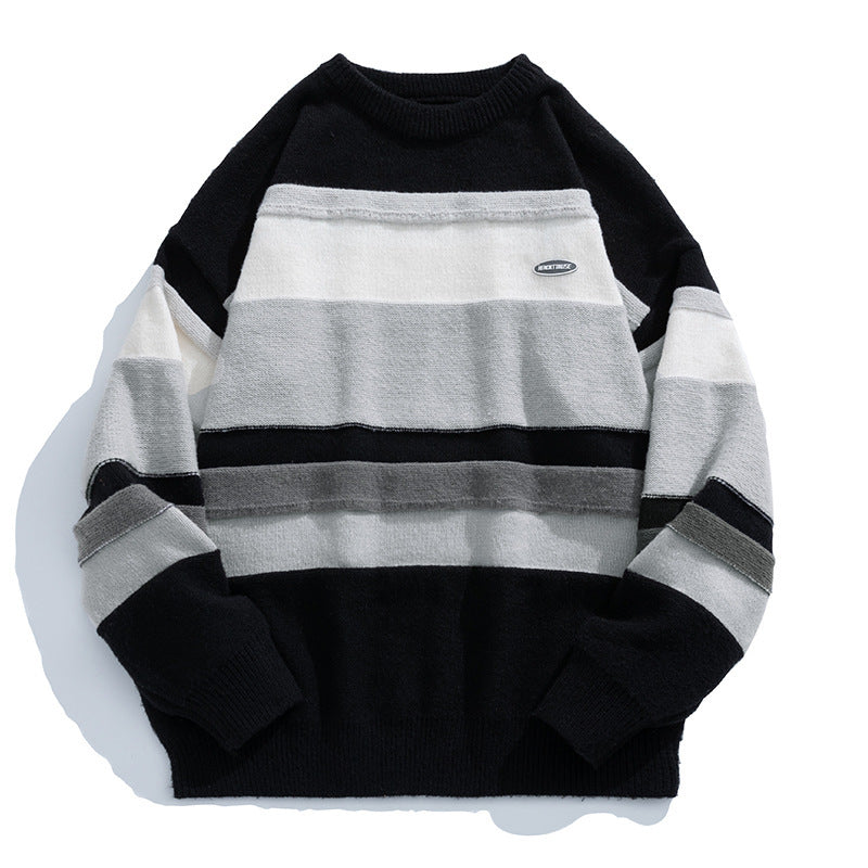Japanese Style Men's Vintage Stripe Round Neck Sweater