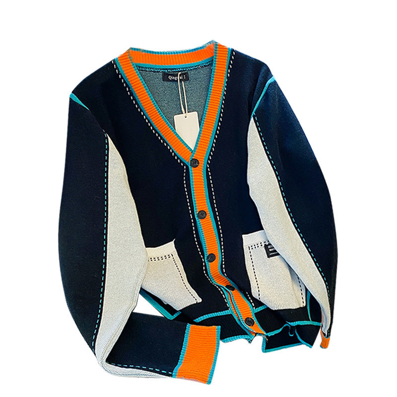 Stitching Contrast Color Knitted Coat Men's Knitwear Sweater