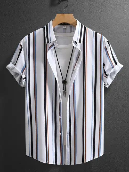 Men's Stripes Short Sleeve Stand Collar Shirt