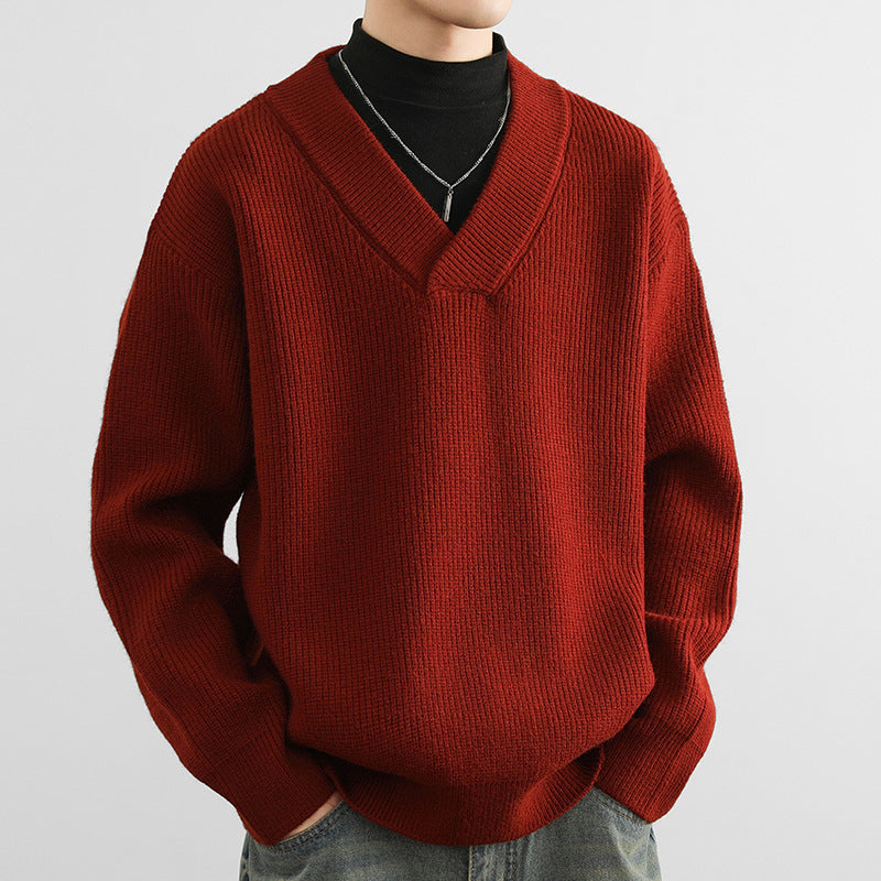 V-neck Men's Solid Color Coarse Yarn Knitted Sweater