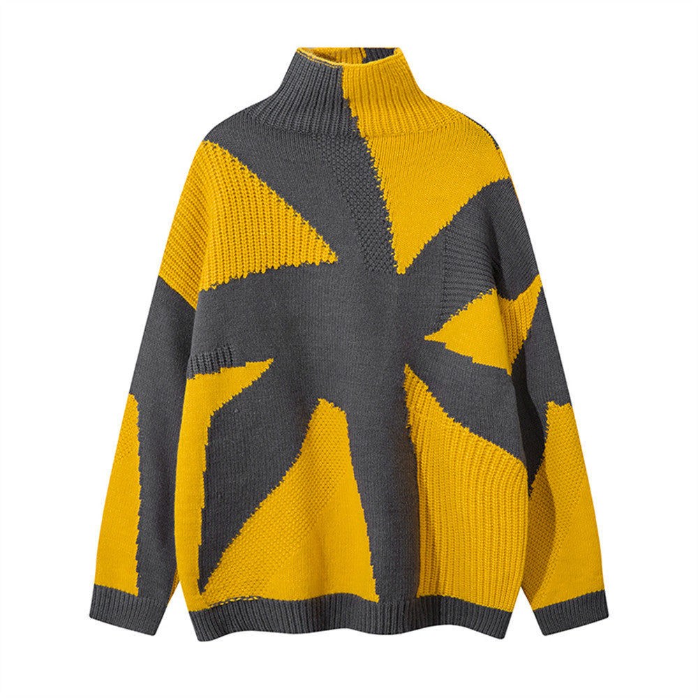 Patchwork Contrast Color Irregular Turtleneck Sweater