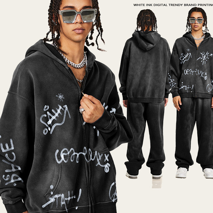 Retro High-grade Graffiti Long-sleeved Knitted Cardigan hooded sweater