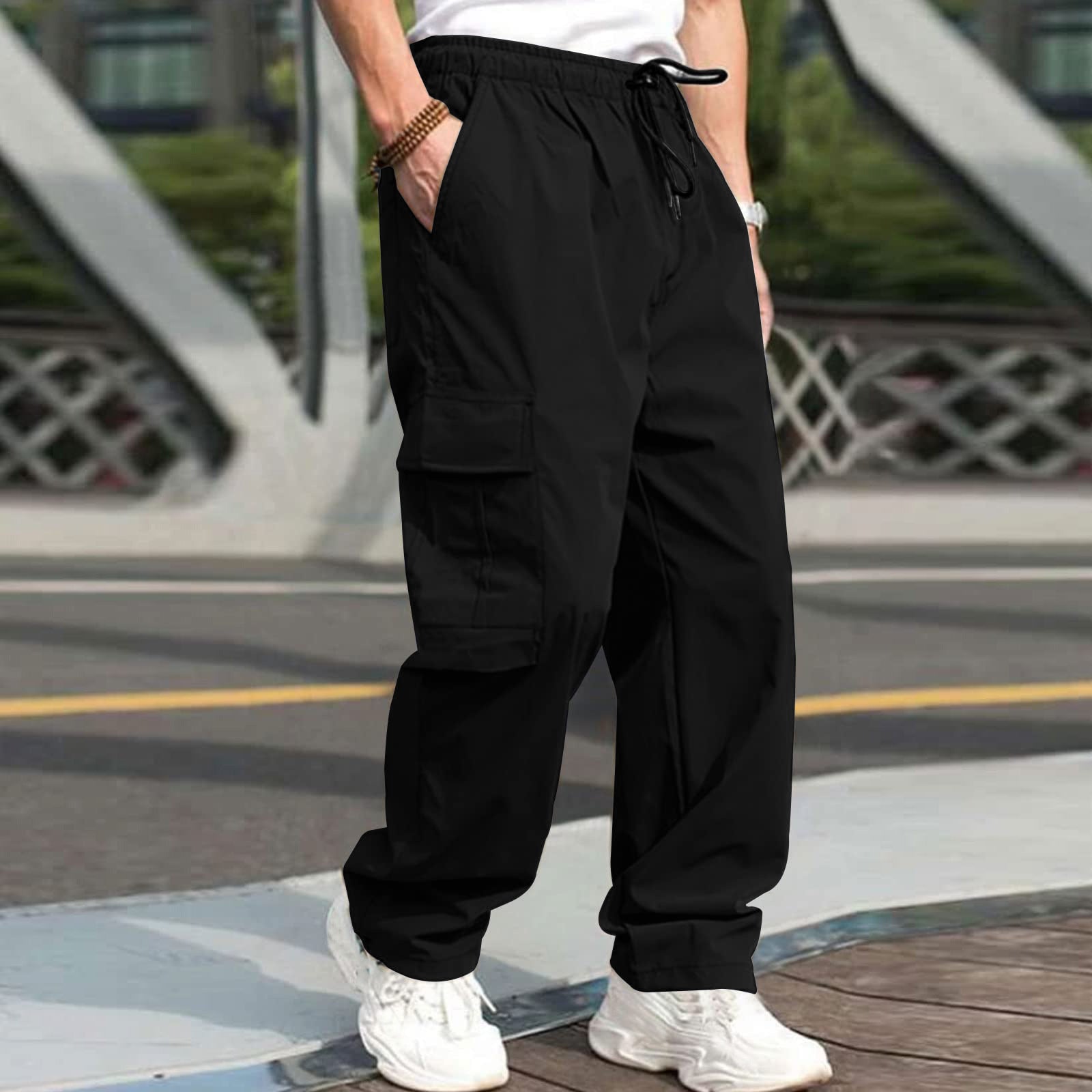 Loose Straight Drawstring Waist Trousers With Pockets