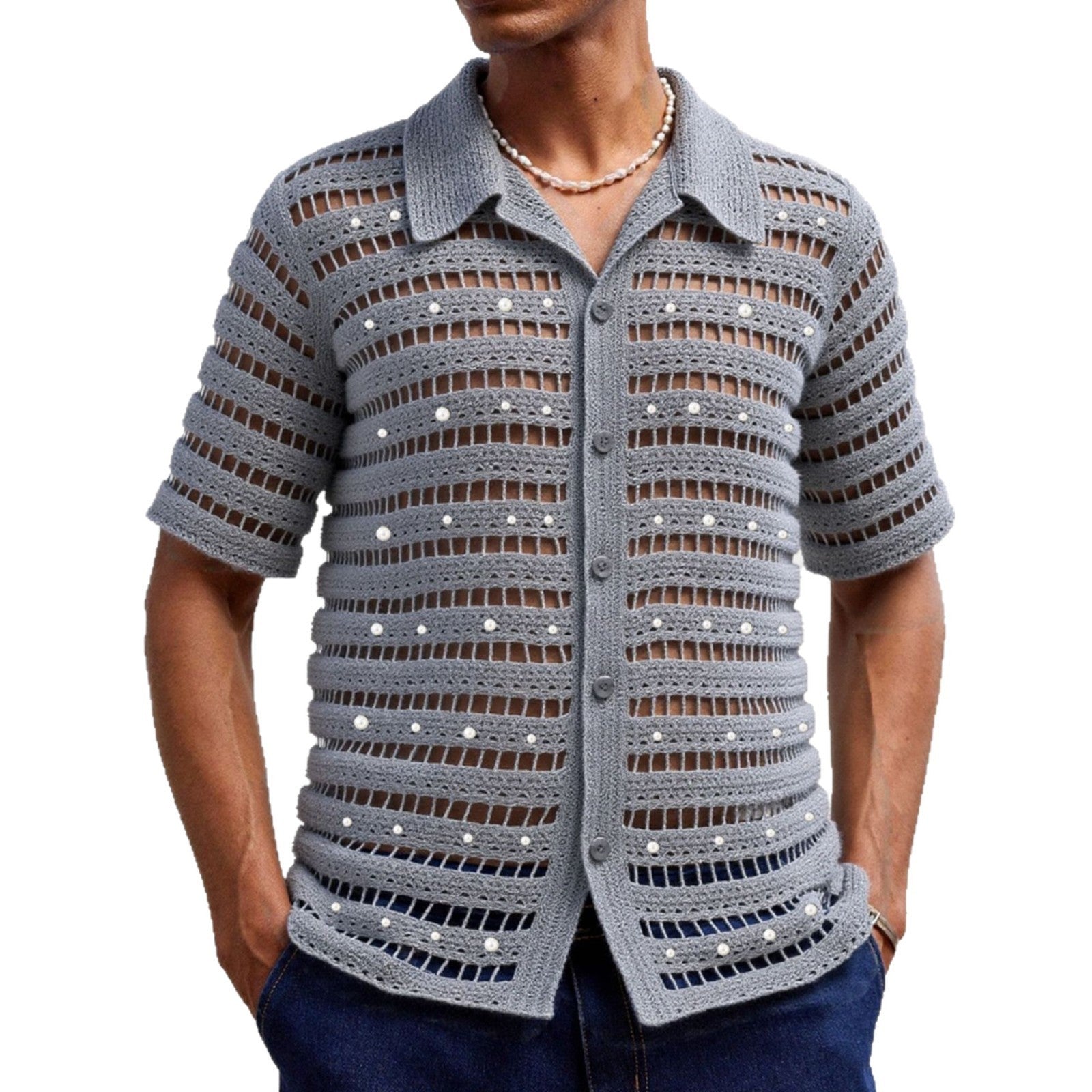Men's French Beaded Hollow Shirt