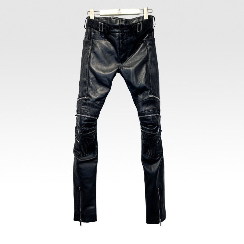 Tide Niche Casual Zipper Sheepskin Leather Slim Fit Pants