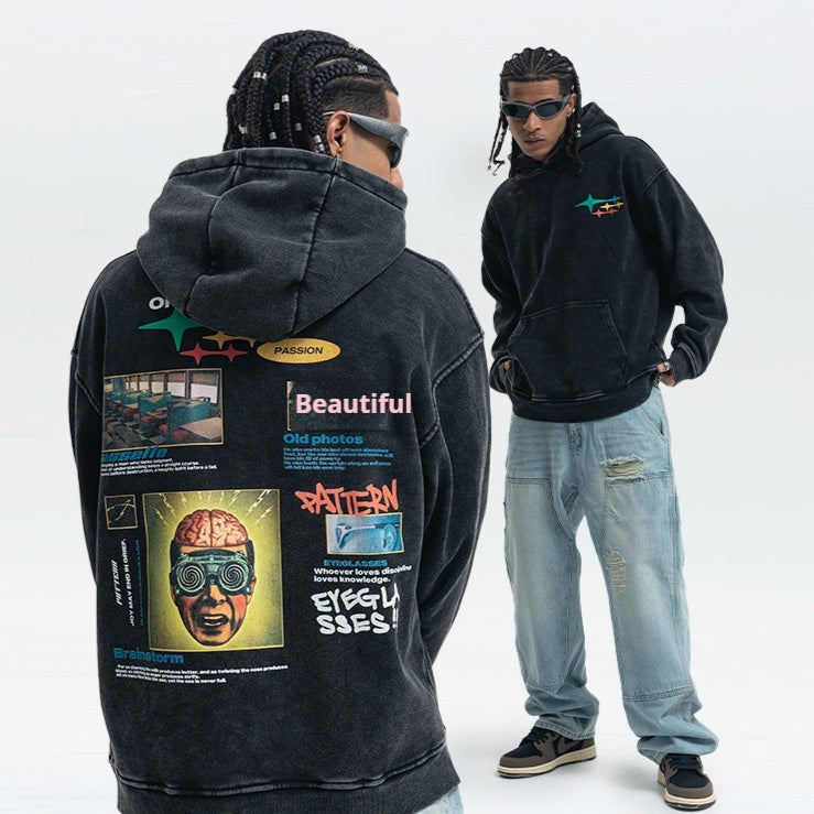 Retro Washed Heavy Large Print Composite Fleece-lined Couple Sweater