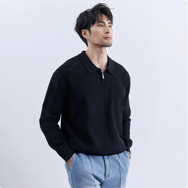 Men's Lapel Zipper Front Slim Pullover Sweater
