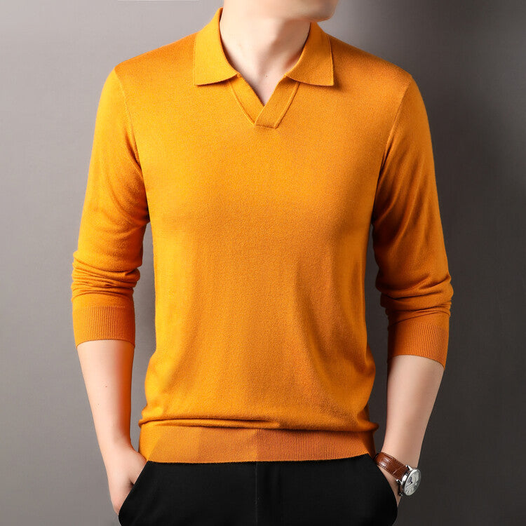 Spring And Autumn Long Sleeve Worsted Thin Lapels T-shirt Sweater