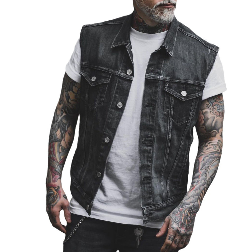 Men's Denim Sleeveless Turn-down Collar Coat