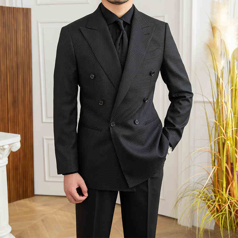 Texture Black Plaid Commute Leisure suit