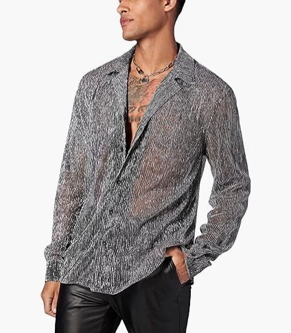 Shiny Crystal See-through Lapel Long Sleeve Shirt