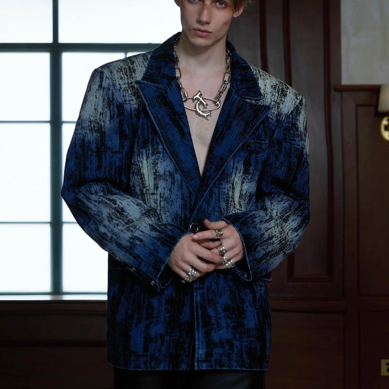 Tie-dyed Distressed Padded Shoulder Suit Jacket
