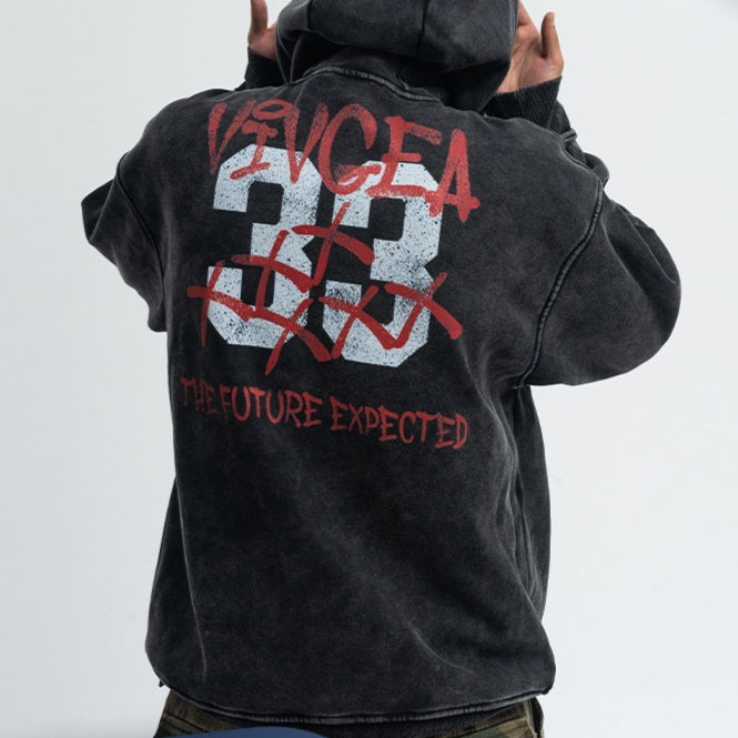 Retro Digital Printing Washed Old Hooded Fleece Lined Sweater Men