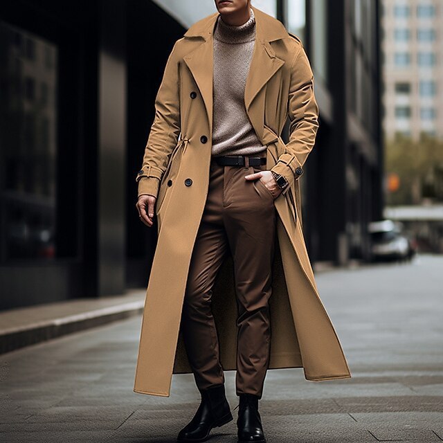 Long Trench Coat Large Lapel Double Breasted Belt Coat