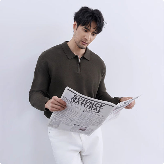 Men's Lapel Zipper Front Slim Pullover Sweater