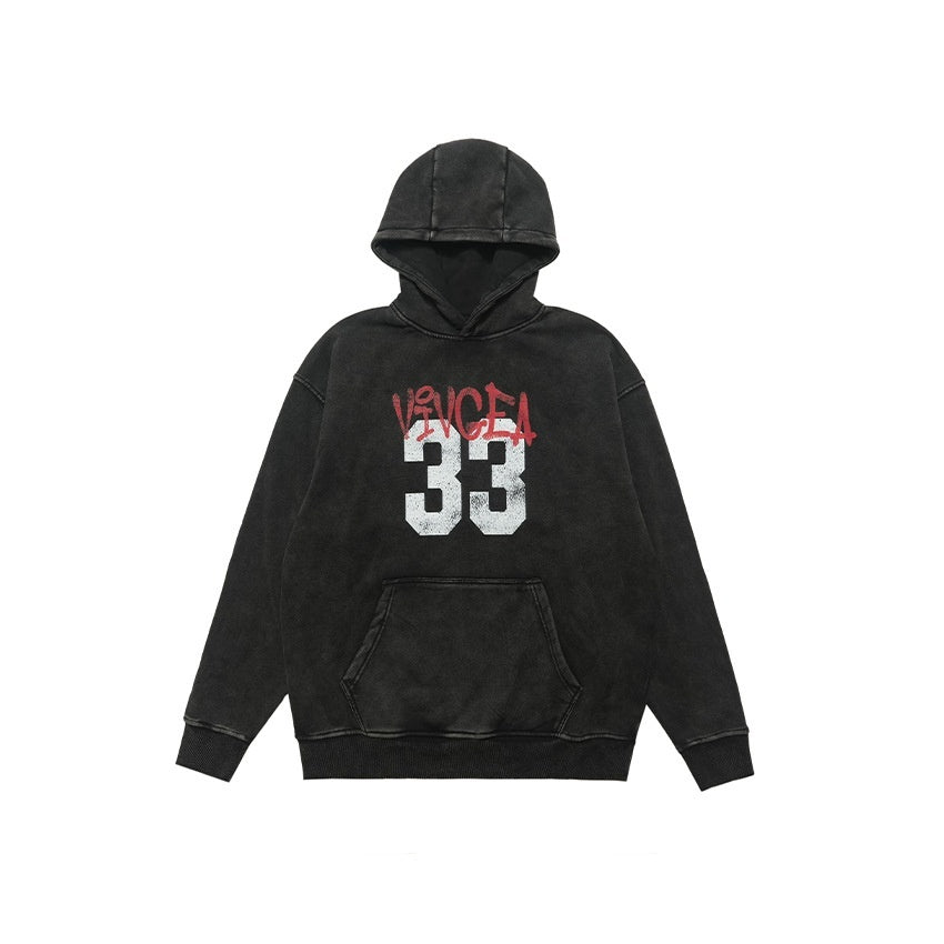 Retro Digital Printing Washed Old Hooded Fleece Lined Sweater Men