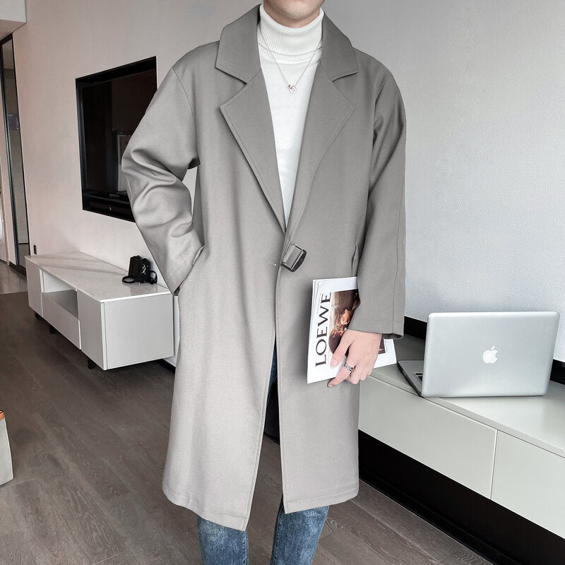 Men's Wind Loose Solid Color Casual Medium Length trench coat