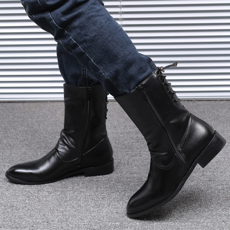 Pointed Leather Boots Men's British Korean High-top Leather Mid-calf Length boots