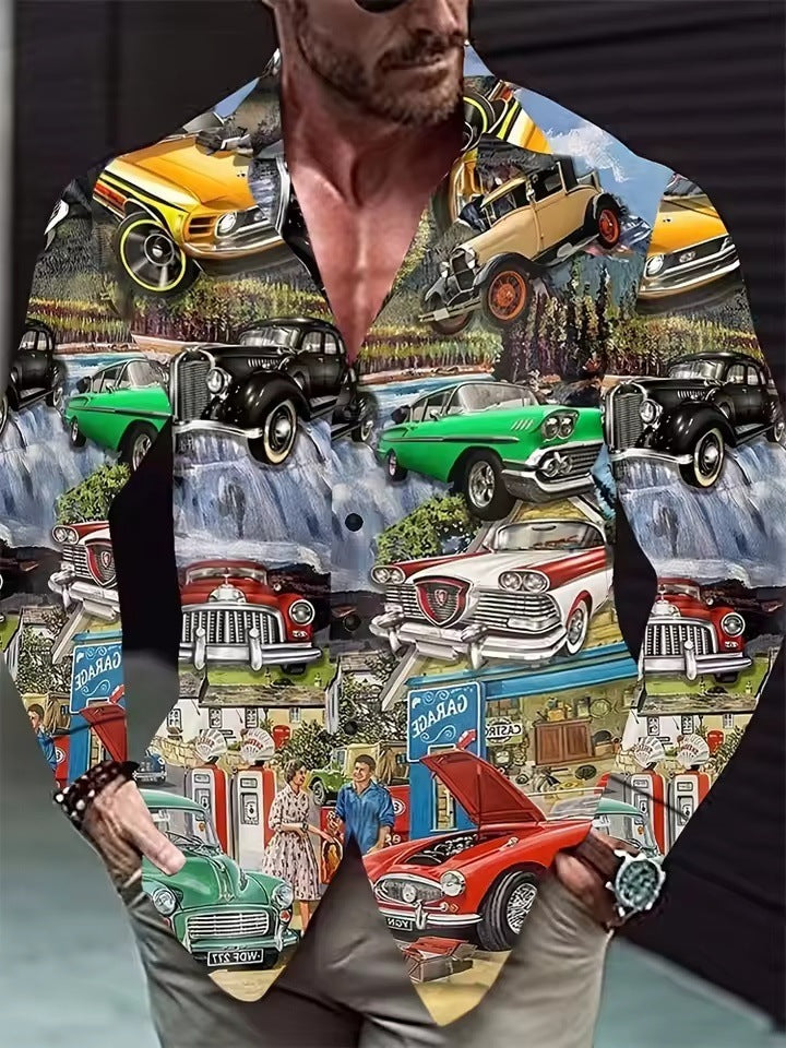 Men's Long Sleeve Palm Tree And Striped Printed Shirt